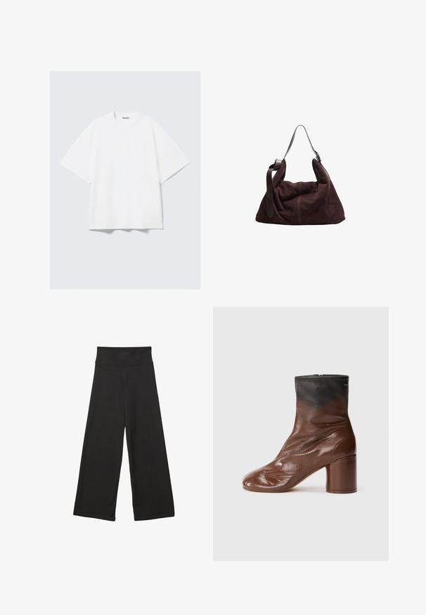 Brown faux fur cropped jacket with a round neckline and long sleeves. Smooth texture, soft appearance, no visible fastenings or patterns.; White oversized t-shirt made of cotton. Features short sleeves, a crew neckline, and subtle stitching details. Brand logo at neck.; Black wide-leg pants featuring a high elastic waistband, soft fabric, and a loose fit, suitable for casual wear or relaxed settings.; Brown leather ankle boot with a rounded toe, featuring a textured finish, a black upper section, and a chunky heel. Zipper closure at back.; Dark brown suede hobo shoulder bag with wide adjustable leather strap and soft, slouchy body on white background.