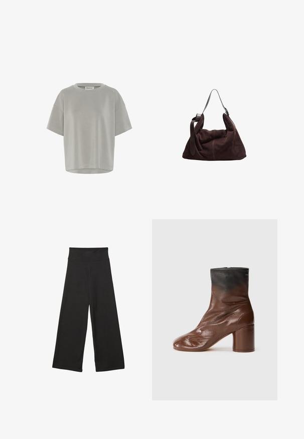 Rjav umetni krzneni jakni s kratkim krojem, okroglim izrezom in dolgimi rokavi. Gladka tekstura, mehak videz, brez vidnih zapiranj ali vzorcev.; My Essential Wardrobe HELLE EMB BOXY - Navadna majica - moon mist; Črne široke hlače z visokim elastičnim pasom, izdelane iz mehke tkanine in ohlapnega kroja, primerne za sproščeno nošenje ali casual priložnosti.; Rjave usnjene gležnjarje z zaobljenim prstom, ki imajo teksturirano površino, črn zgornji del in masiven petni del. Zadrga na hrbtni strani.; Temno rjav sueden hobo torba za rame z širokim nastavljivim usnjenim trakom in mehkobo, udobno obliko na beli podlagi.