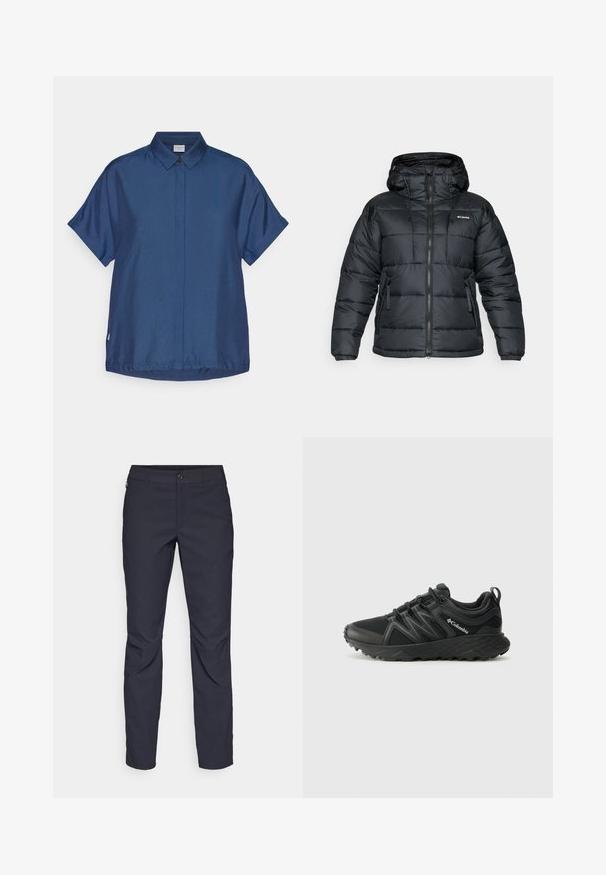 Charmán negro acolchado con capucha, que cuenta con un cierre de cremallera, cordón ajustable y dos bolsillos frontales. Diseño acolchado con una textura suave.; Camisa de manga corta azul marino hecha de una tela suave. Presenta un cuello clásico, cierre frontal de botones y un corte relajado con dobladillo recto.; Pantalones azul marino de tela suave, que presentan un cierre delantero con botón, un diseño ajustado y detalles con pliegues en las rodillas.; Columbia PEAKFREAK - Zapatillas de senderismo - black