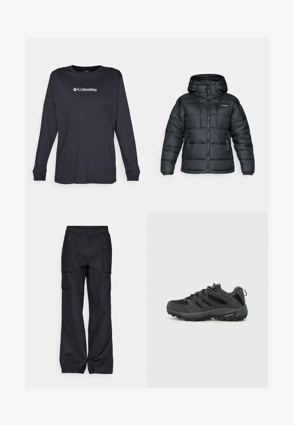 Fekete puffkabát kapucnival, cipzáros záródással, húzózsinórral és két elülső zsebbel. Steppelt kivitel sima textúrával.; Columbia NORTH CASCADES™ TEE - Hosszú ujjú felső - black; Columbia BREA FALLS™ COTTON RIPSTOP PANT - Szabadtéri nadrágok - black; Columbia REDMOND - Túracipők - black/citron haze