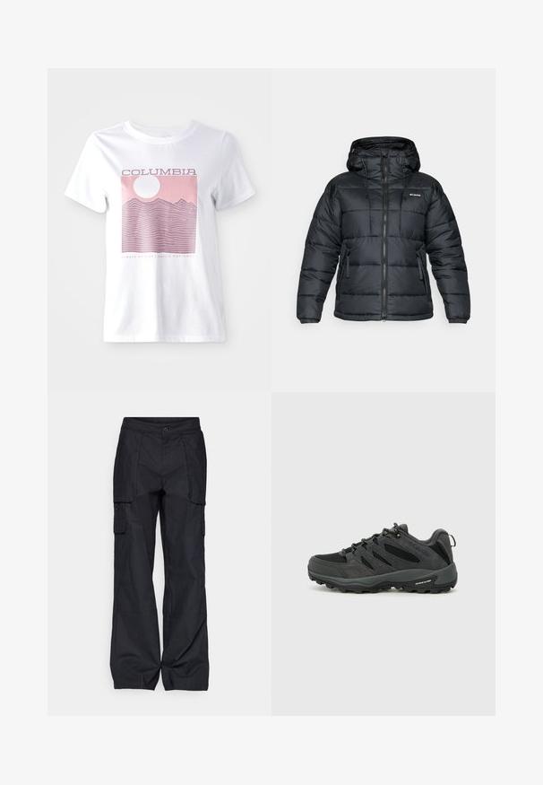 Mustapuffatakki hupulla, jossa on vetoketjutasku, kiristysnauha ja kaksi etutaskua. Tikattu malli, jossa on sileä pinta.; Valkoinen puuvillapaita, jossa on vaaleanpunainen vuoristokuva, aurinko ja tekstit "COLUMBIA" ja "ALWAYS OUTSIDE | PACIFIC NORTHWEST."; Columbia BREA FALLS™ COTTON RIPSTOP PANT - Ulkohousut - black; Columbia REDMOND - Vaelluskengät - black/citron haze
