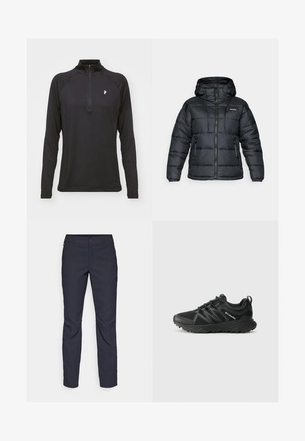 Juodas pūkinis švarkas su gobtuvu, turintis užtrauktuką, šnurą ir dvi priekinės kišenes. Siuvinėjimo dizainas su lygiu paviršiumi.; Juodas ilgomis rankovėmis ketvirčio užtrauktuku marškinėliai, turintys lygią tekstūrą ir prigludusią kirpimą. Su raglan rankovėmis ir mažu baltu logotipu ant krūtinės.; Tamsiai mėlynos kelnės, pagamintos iš lygaus audinio, su priekiniais mygtukais, lieknos silueto ir raukšlėmis ant kelių.; Columbia PEAKFREAK - Turistiniai batai - black