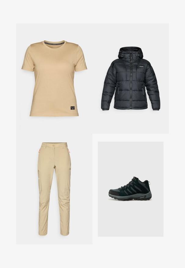 Giubbotto imbottito nero con cappuccio, dotato di chiusura con zip, cordoncino e due tasche frontali. Design trapuntato con texture liscia.; Salewa EAGLE LOGO PATCH - T-shirt basic - quicksand; Pantaloni beige per esterni con una superficie liscia, dotati di una tasca con zip arancione, design slim fit e un piccolo logo bianco sul davanti.; Columbia REDMOND - Scarpa da hiking - black/citron haze
