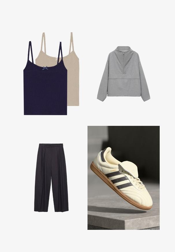 Gray quarter-zip pullover, featuring a high collar and long sleeves. Made from textured fabric with a subtle pattern and a relaxed fit.; Two ribbed camisole tops, one navy with blue bow and one cream with silver bow, featuring adjustable straps and a textured finish.; Wide-leg pants in dark navy fabric with subtle vertical stripes, featuring a button closure and a structured waistband.; Cream leather sneaker with three dark stripes, a brown gum outsole, and a rounded toe. Features a foldable tongue labeled "SAMBA."