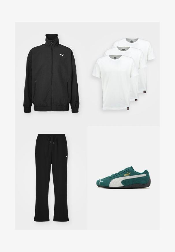 Black zip-up jacket with high collar, elastic cuffs, side pockets, and white Puma logo on the left chest; smooth fabric texture.; Three plain white cotton t-shirts with short sleeves. Each shirt features a round neckline and a small black logo tag on the left side.; Black sweatpants with elastic waistband and drawstring, featuring side pockets and a subtle logo on the left leg. Soft fabric, flared shape.; Green suede sneaker with white and gray accents, textured surface, flat rubber sole, and gold logo detailing on the side.