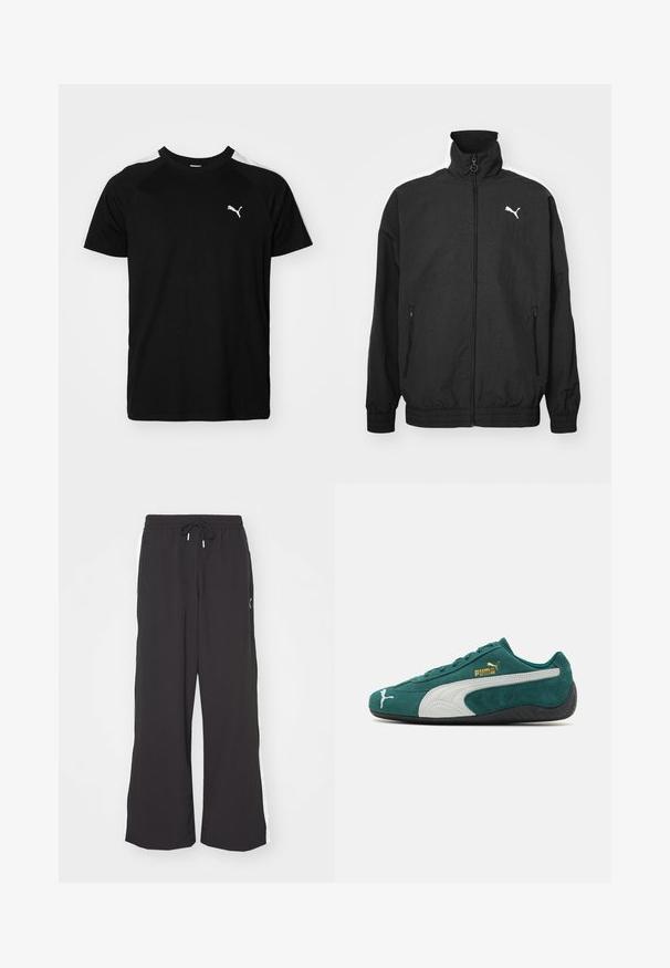 Casaco preto com fecho éclair, gola alta, punhos elásticos, bolsos laterais e logotipo branco da Puma no lado esquerdo do peito; textura de stoff suave.; T-shirt preto de manga curta com riscas brancas nos ombros, decote redondo e pequeno logotipo branco no lado esquerdo do peito. Tecido suave, ajuste clássico.; Calças de treino largas pretas com cintura elástica e cordão. Apresenta riscas laterais brancas e dois bolsos laterais. Textura suave.; Sapatilhas de camurça verde com acentos brancos e cinzentos, superfície texturizada, sola de borracha plana e detalhes em logótipo dourado na lateral.