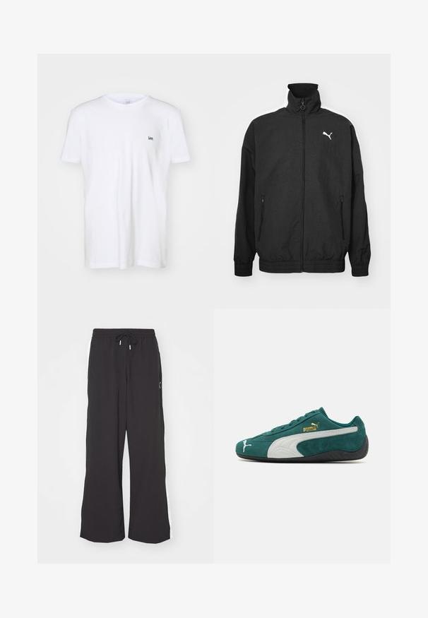Čierna zipsová bunda s vysokým golierom, elastickými manžetami, bočnými vreckami a bielym logom Puma na ľavej hrudi; hladká textúra látky.; Biely bavlnený tričko s krátkymi rukávmi, na ľavej strane hrude má malé, vyšívané čierne logo "Lee". Jednoduchý, klasický dizajn.; Čierne široké tepláky s elastickým pásom a šnúrou na stiahnutie. Majú biele bočné pruhy a dve bočné vrecká. Hladká textúra.; Zelené semišové tenisky s bielymi a sivými akcentmi, textúrovaný povrch, plochá gumová podrážka a zlaté logo na boku.