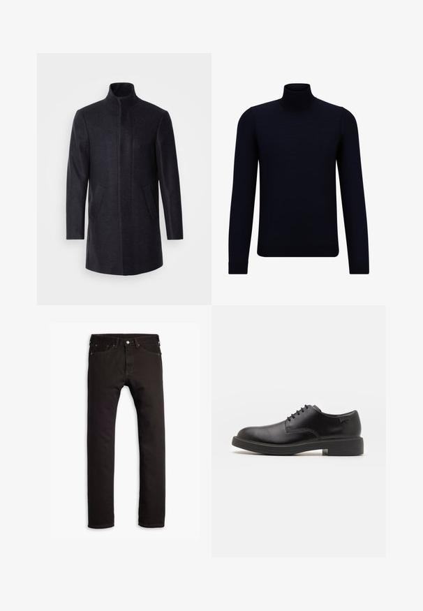 Isaac Dewhirst NEW COMFORT FUNNEL NECK COAT - Krátký kabát - navy; Tmavě modrý rolák vyrobený z jemného pleteného materiálu, s dlouhými rukávy a přiléhavým vysokým límcem. Bez viditelných vzorů nebo akcentů.; Černé slim-fit džíny s pěti kapsami a zapínáním na knoflík, vystavené v rovině na bílém pozadí.; Černé kožené šněrovací boty s kulatou špičkou, hladkým povrchem, minimálním prošíváním a nízkým gumovým podpatkem. Logo na patě.