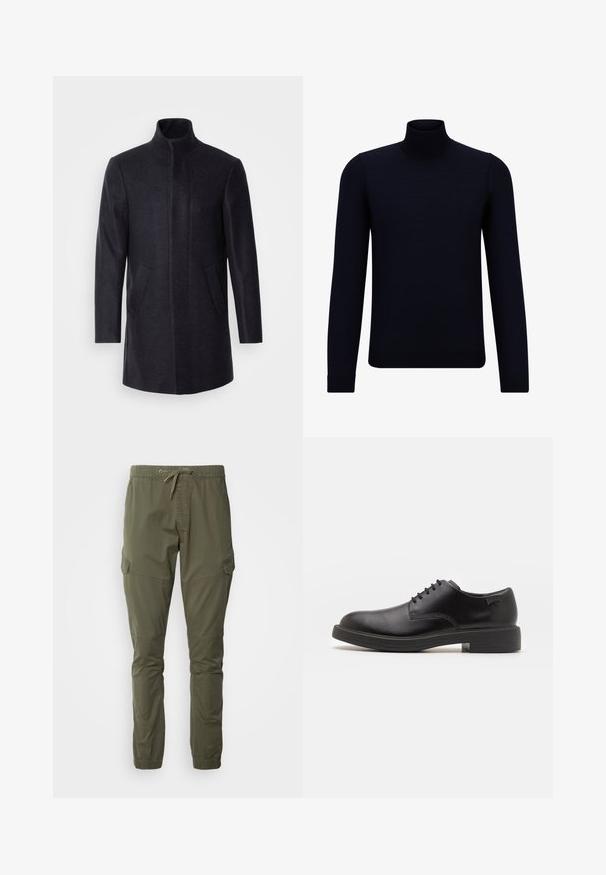 Isaac Dewhirst NEW COMFORT FUNNEL NECK COAT - Κοντό παλτό - navy; Σκούρο ναυτικό μπλε πουλόβερ με ψηλό λαιμό από λεπτό πλεκτό ύφασμα, διαθέτει μακριά μανίκια και εφαρμοστή, ψηλή λαιμόκοψη. Δεν έχει ορατά σχέδια ή διακοσμητικά στοιχεία.; INDICODE JEANS Παντελόνι cargo - olive; Μαύρο δερμάτινο παπούτσι με κορδόνια, με στρογγυλή μύτη, λεία υφή, ελάχιστη ραφή και χαμηλή καουτσούκ σόλα. Λογότυπο στη σόλα.