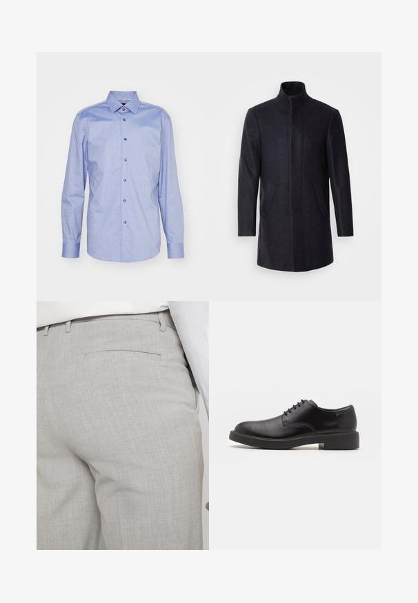 Isaac Dewhirst NEW COMFORT FUNNEL NECK COAT - Rövid kabát - navy; Fekete garbó pulóver puha anyagból, hosszú ujjakkal és szoros fazonnal. Ribbed díszítés az alján és az ujjak végén. Egyszerű dizájn.; BOSS HANK KENT - Alkalmi ing - medium blue; Világosszürke, texturált anyagból készült szabott nadrág, egyetlen hátsó zsebbel és tiszta varrással.; Fekete bőrcipő, kerek orrú, sima felületű, minimális varrással és alacsony gumitalppal. Logó a sarokrészen.