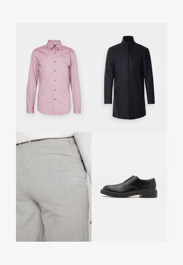 Isaac Dewhirst NEW COMFORT FUNNEL NECK COAT - Rövid kabát - navy; Fekete garbó pulóver puha anyagból, hosszú ujjakkal és szoros fazonnal. Ribbed díszítés az alján és az ujjak végén. Egyszerű dizájn.; BOSS HANK KENT - Alkalmi ing - dark red; Világosszürke, texturált anyagból készült szabott nadrág, egyetlen hátsó zsebbel és tiszta varrással.; Fekete bőrcipő, kerek orrú, sima felületű, minimális varrással és alacsony gumitalppal. Logó a sarokrészen.