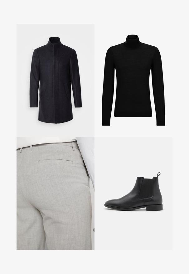 Isaac Dewhirst NEW COMFORT FUNNEL NECK COAT - Lühike jakk - navy; Musthave muströid ja pehmest materjalist must turtleneck, millel on pikad varrukad ja tihe istuvus. Ribaga ääris allservas ja vöökohal. Lihtne disain.; Heledat hallid kohandatud püksid tekstuurse kangaga, millel on üks tagatasku ja puhas õmblus.; Mustalt nahast Chelsea saapad elastse küljetasku, tõmbluku ja madala virnastatud kontsaga valge tausta peal.