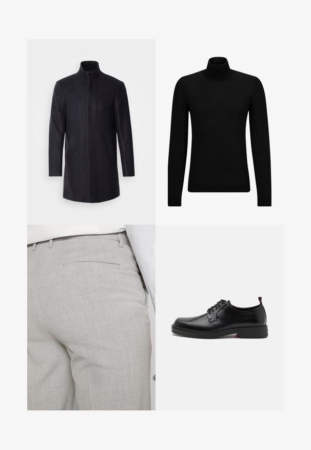 Isaac Dewhirst NEW COMFORT FUNNEL NECK COAT - Manteau court - navy; Pull à col roulé noir en matériau doux, avec des manches longues et une coupe ajustée. Finition côtelée au bas et aux poignets. Design simple.; Pantalon gris clair sur mesure en tissu texturé, avec une seule poche arrière et des coutures nettes.; HUGO IKER DERB - Derbies - black