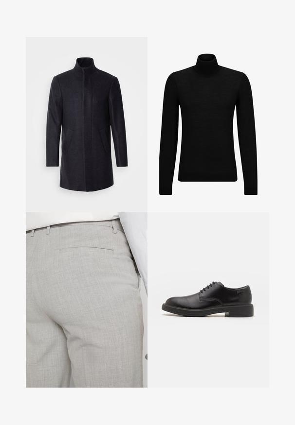 Isaac Dewhirst NEW COMFORT FUNNEL NECK COAT - Short coat - navy; Black turtleneck sweater made of soft material, featuring long sleeves and a snug fit. Ribbed trim at the hem and cuffs. Simple design.; Light gray tailored trousers made of textured fabric, featuring a single back pocket and clean stitching.; Black leather lace-up shoe with a rounded toe, smooth texture, minimal stitching, and a low rubber heel. Logo on the heel.