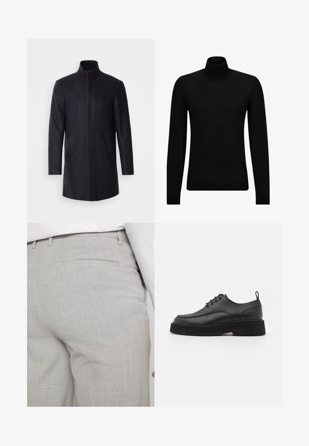 Isaac Dewhirst NEW COMFORT FUNNEL NECK COAT - Krátký kabát - navy; Černý rolák vyrobený z měkkého materiálu, s dlouhými rukávy a těsným střihem. Hladký lem na spodním okraji a manžetách. Jednoduchý design.; Světlounce šedé kalhoty na míru z texturované látky, s jednou zadní kapsou a čistým prošitím.; Černá kožená šněrovací obuv s kulatou špičkou, silnou černou platformou a dekorativním prošíváním podél okraje. Hladký povrch.