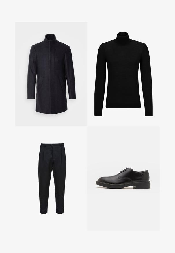 Isaac Dewhirst NEW COMFORT FUNNEL NECK COAT - Short coat - navy; Black turtleneck sweater made of soft material, featuring long sleeves and a snug fit. Ribbed trim at the hem and cuffs. Simple design.; Black trousers made of a smooth fabric, featuring a pleated front, tapered fit, and rolled cuffs. Simple button closure at the waist.; Black leather lace-up shoe with a rounded toe, smooth texture, minimal stitching, and a low rubber heel. Logo on the heel.