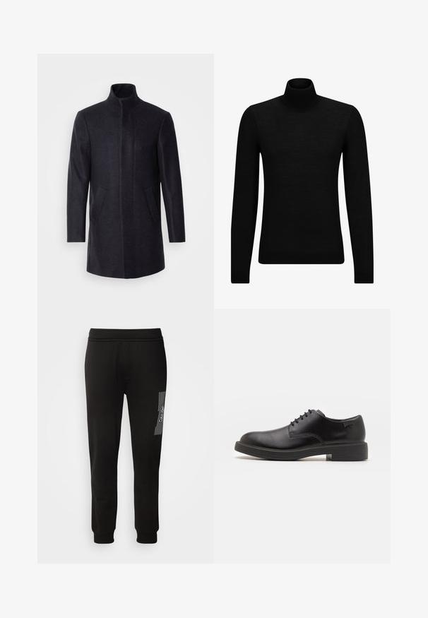 Isaac Dewhirst NEW COMFORT FUNNEL NECK COAT - Kurzmantel - navy; Schwarzer Rollkragenpullover aus weichem Material mit langen Ärmeln und enger Passform. Rippbesatz am Saum und an den Bündchen. Einfaches Design.; Calvin Klein HORIZONTAL LOGO SWEATPANTS - Jogginghose - black; Schwarzer Leder-Schnürschuh mit abgerundetem Zeh, glatter Textur, minimaler Naht und niedrigem Gummiabsatz. Logo auf der Ferse.