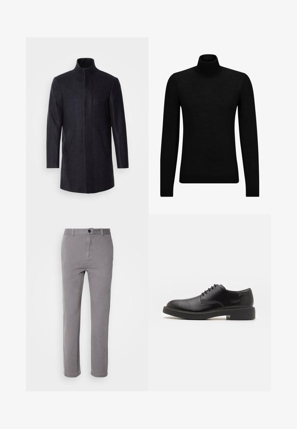 Isaac Dewhirst NEW COMFORT FUNNEL NECK COAT - Lühike jakk - navy; Musthave muströid ja pehmest materjalist must turtleneck, millel on pikad varrukad ja tihe istuvus. Ribaga ääris allservas ja vöökohal. Lihtne disain.; Hallhalli puuvillaseguse kangaga püksid otse jalgadega kujunduses, ühekohaline sulgemine ja küljetaskud. Sile tekstuur õrna läikega.; Must beemel levalis kingad ümarate varvastega, sileda pinnaga, minimaalsete õmblustega ja madala kummist kontsaga. Logo kontsa peal.