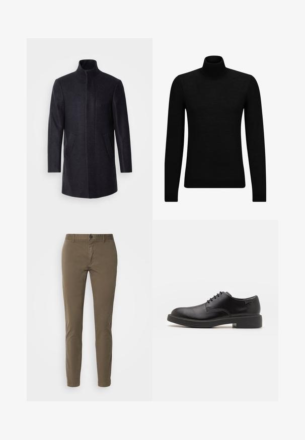 Isaac Dewhirst NEW COMFORT FUNNEL NECK COAT - Krátky kabát - navy; Čierny rolák vyrobený z jemného materiálu, s dlhými rukávmi a tesným strihom. Hranatý lem a manžety s ribbed úpravou. Jednoduchý dizajn.; HUGO DAVID - Nohavice chinos - beige; Čierne kožené šnurovacie topánky s okrúhlou špičkou, hladkým povrchom, minimálnym prešívaním a nízkym gumovým podpätkom. Logo na podpätku.