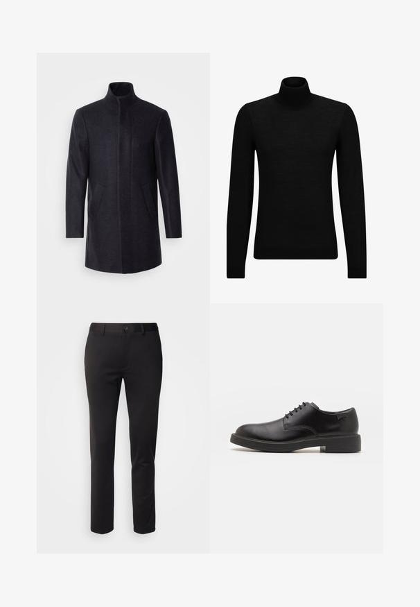 Isaac Dewhirst NEW COMFORT FUNNEL NECK COAT - Kratek plašč - navy; Črna turtleneck pulover iz mehkega materiala, z dolgimi rokavi in tesnim prileganjem. R ibana obroba na robu in rokavih. Preprosta zasnova.; Črne hlače iz gladkega blaga, s pravim krojem, sprednjim gumbom za zapiranje in zanko za pas, prikazane na beli podlagi.; Črne usnjene čipkaste čevlje z zaobljenim nosom, gladko teksturo, minimalnim šitjem in nizkim gumijastim peto. Logo na peti.