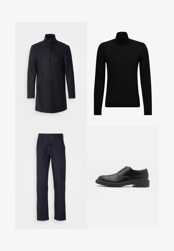 Isaac Dewhirst NEW COMFORT FUNNEL NECK COAT - Pitkä takki - navy; Mustahuivi neule, joka on valmistettu pehmeästä materiaalista, jossa on pitkät hihat ja tiukka istuvuus. Ribbaus reunassa ja hihansuissa. Yksinkertainen muotoilu.; Laivastonsiniset chinot, jotka on valmistettu puuvillasekoitekankaasta. Niissä on nappisulku, suorat lahkeet ja minimaalinen viimeistely, joka luo klassisen ilmeen.; Mustat nahkasaappaat, joissa on pyöreä kärki, sileä pinta, minimaalinen ommel ja matala kumipohja. Logo kannassa.