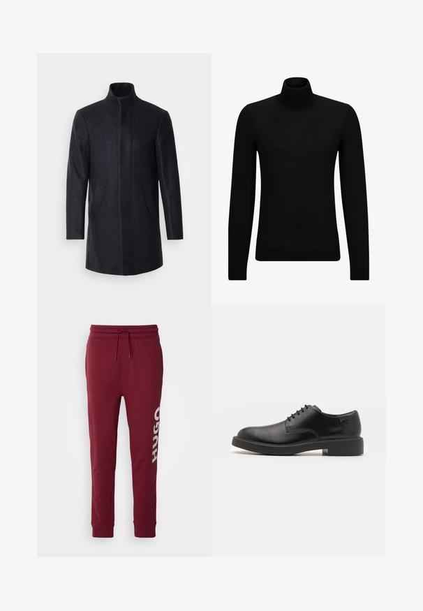 Isaac Dewhirst NEW COMFORT FUNNEL NECK COAT - Puspaltis - navy; Juodas aukšto kaklo megztinis, pagamintas iš minkštos medžiagos, su ilgomis rankovėmis ir prigludusia forma. Su raukiniais apačioje ir rankogaliuose. Paprastas dizainas.; HUGO DUTSCHI - Treningo apatinė dalis - dark pink; Juodas odinis batų modelis su raišteliais, apvaliu nosiu, lygiu paviršiumi, minimaliai siuvinėjimu ir žemu guminėmis pakulne. Ant pakulnės šalia logo.