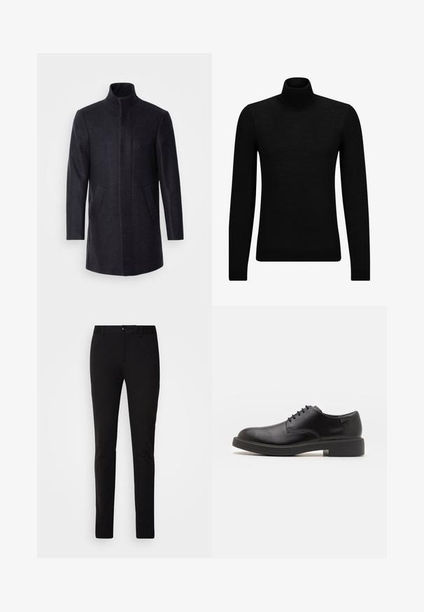 Isaac Dewhirst NEW COMFORT FUNNEL NECK COAT - Īss mētelis - navy; Melnā augstā kakla džemperis, kas izgatavots no mīksta materiāla, ar garām piedurknēm un pieguļušu piegriezumu. Ribota apdare ap apakšu un piedurknēm. Vienkāršs dizains.; Melni pieguļoši bikses, izgatavotas no gludas auduma. Iekļauj pogu aizdari, jostu cilpas un klasisku dizainu bez redzamām rakstām vai akcentiem.; Melna āda sašūta kurpe ar noapaļotu purngalu, gludu tekstūru, minimālu šuvju skaitu un zemu gumijas papēdi. Logo uz papēža.