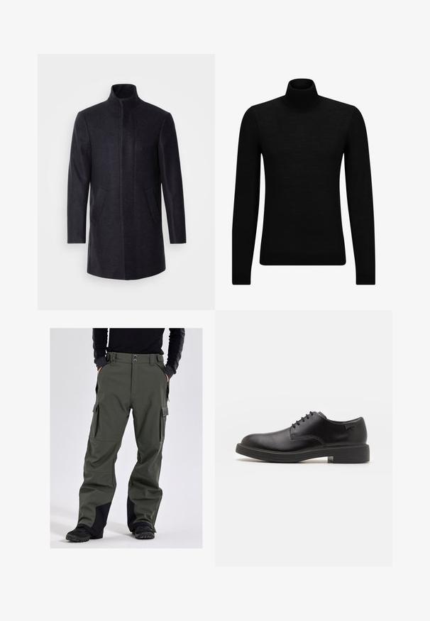 Isaac Dewhirst NEW COMFORT FUNNEL NECK COAT - Halflange jas - navy; Zwarte coltrui van zacht materiaal, met lange mouwen en een snug fit. Geribbelde afwerking aan de onderkant en mouwen. Eenvoudig ontwerp.; Slade COLORADO - Snowboardbroek - olive; Zwarte leren veterschoen met een ronde neus, een gladde textuur, minimale stiksels en een lage rubberen hak. Logo op de hak.