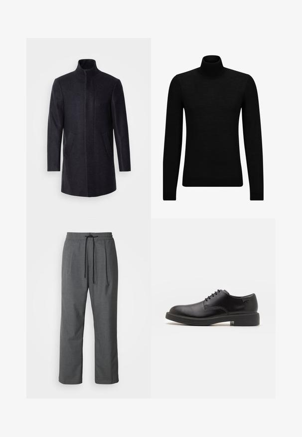 Isaac Dewhirst NEW COMFORT FUNNEL NECK COAT - Lühike jakk - navy; Musthave muströid ja pehmest materjalist must turtleneck, millel on pikad varrukad ja tihe istuvus. Ribaga ääris allservas ja vöökohal. Lihtne disain.; Hallid, kootud kangast püksid, elastse vööga, välise nööriga, küljetaskutega ja mugava lõikega. Minimalistlik disain puhaste joontega.; Must beemel levalis kingad ümarate varvastega, sileda pinnaga, minimaalsete õmblustega ja madala kummist kontsaga. Logo kontsa peal.