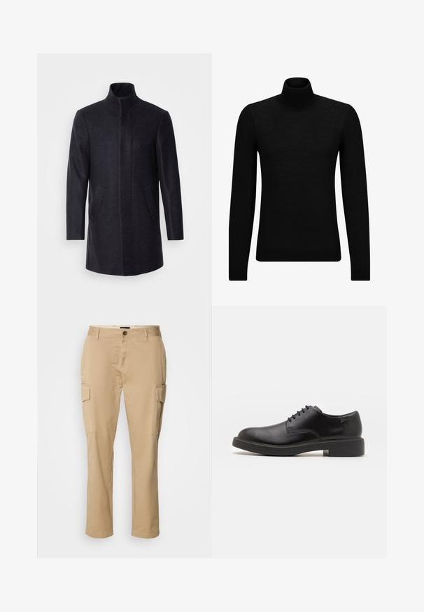 Isaac Dewhirst NEW COMFORT FUNNEL NECK COAT - Kort kappa / rock - navy; Svart polotröja gjord av mjukt material, med långa ärmar och en åtsittande passform. Ribbat avslut vid fåll och ärmslut. Enkelt mönster.; Beiga cargobyxor i bomull. Har två sidofickor, knappstängning och rak bendesign. Slät textur, avslappnad stil.; Svart läder snörsko med rund tå, slät yta, minimal söm och låg gummihäl. Logotyp på hälen.