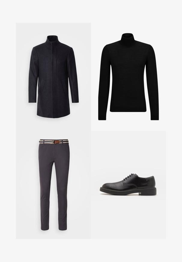Isaac Dewhirst NEW COMFORT FUNNEL NECK COAT - Short coat - navy; Black turtleneck sweater made of soft material, featuring long sleeves and a snug fit. Ribbed trim at the hem and cuffs. Simple design.; Dark gray chinos with a slim fit, featuring a striped fabric belt with a round metal buckle and brown leather accents.; Black leather lace-up shoe with a rounded toe, smooth texture, minimal stitching, and a low rubber heel. Logo on the heel.