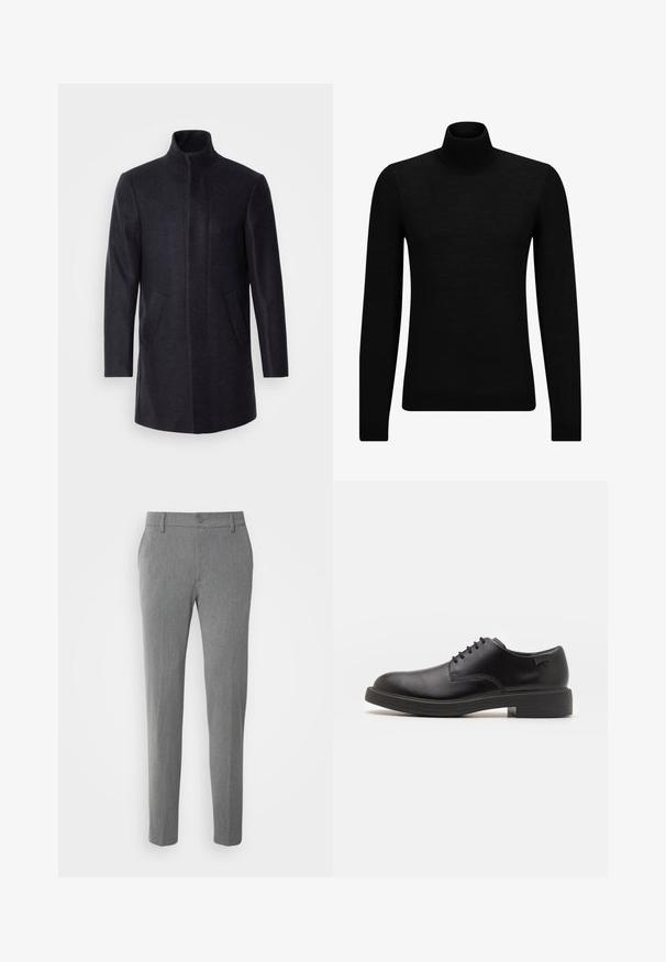 Isaac Dewhirst NEW COMFORT FUNNEL NECK COAT - Īss mētelis - navy; Melnā augstā kakla džemperis, kas izgatavots no mīksta materiāla, ar garām piedurknēm un pieguļušu piegriezumu. Ribota apdare ap apakšu un piedurknēm. Vienkāršs dizains.; Pelēki bikses no teksturēta auduma, ar klasiska dizaina pogu aizdari un taisnu kāju griezumu.; Melna āda sašūta kurpe ar noapaļotu purngalu, gludu tekstūru, minimālu šuvju skaitu un zemu gumijas papēdi. Logo uz papēža.