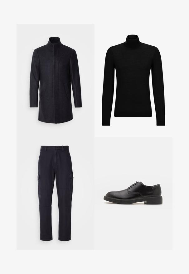 Isaac Dewhirst NEW COMFORT FUNNEL NECK COAT - Rövid kabát - navy; Fekete garbó pulóver puha anyagból, hosszú ujjakkal és szoros fazonnal. Ribbed díszítés az alján és az ujjak végén. Egyszerű dizájn.; Sötétkék vászon cargo nadrág pamut keverékből, oldalsó zsebekkel, egyenes lábformával és látható varrási részletekkel.; Fekete bőrcipő, kerek orrú, sima felületű, minimális varrással és alacsony gumitalppal. Logó a sarokrészen.