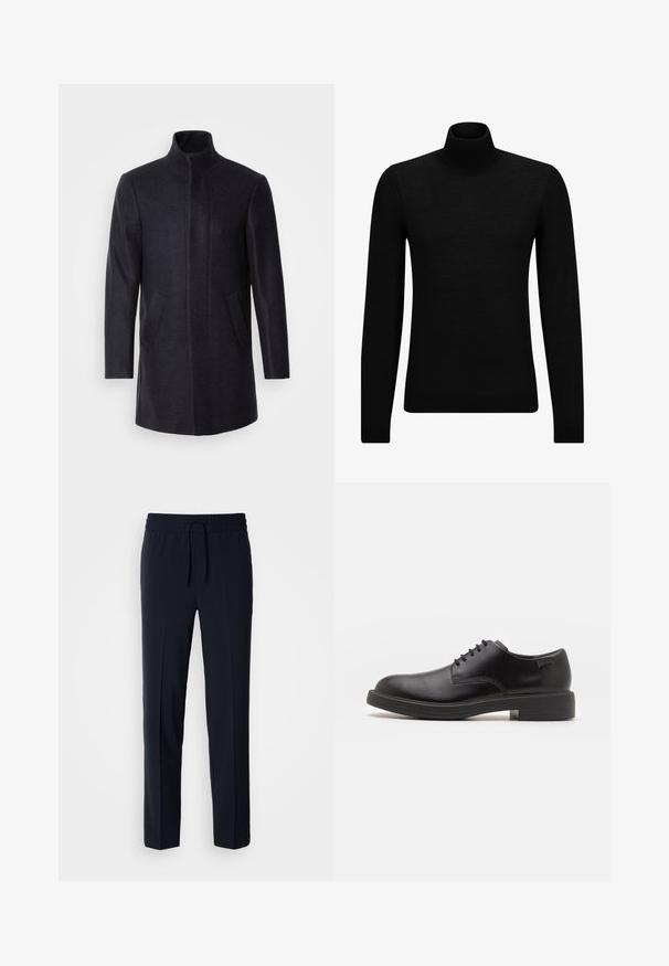 Isaac Dewhirst NEW COMFORT FUNNEL NECK COAT - Īss mētelis - navy; Melnā augstā kakla džemperis, kas izgatavots no mīksta materiāla, ar garām piedurknēm un pieguļušu piegriezumu. Ribota apdare ap apakšu un piedurknēm. Vienkāršs dizains.; Tumši zili, viegli bikses ar elastīgu jostu un regulējamu auklu, ar taisnas griezuma dizainu un gludu tekstūru.; Melna āda sašūta kurpe ar noapaļotu purngalu, gludu tekstūru, minimālu šuvju skaitu un zemu gumijas papēdi. Logo uz papēža.