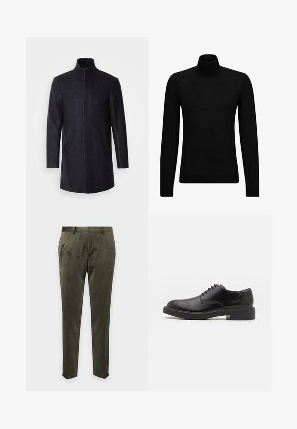 Isaac Dewhirst NEW COMFORT FUNNEL NECK COAT - Short coat - navy; Black turtleneck sweater made of soft material, featuring long sleeves and a snug fit. Ribbed trim at the hem and cuffs. Simple design.; Olive green trousers made of soft fabric with a smooth texture. Features a tailored fit and subtle pleat detailing on the front.; Black leather lace-up shoe with a rounded toe, smooth texture, minimal stitching, and a low rubber heel. Logo on the heel.