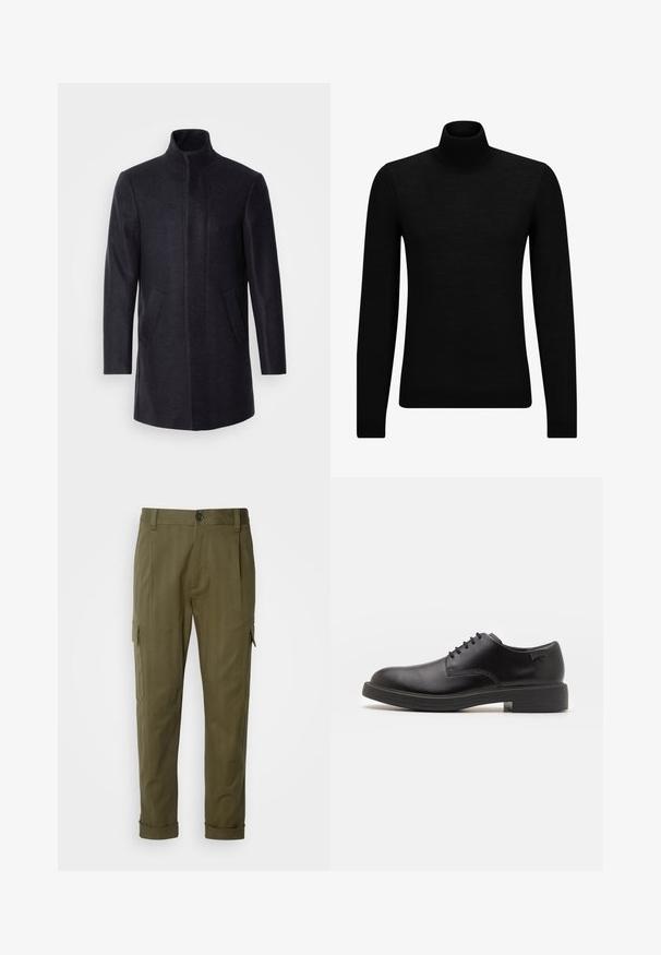 Isaac Dewhirst NEW COMFORT FUNNEL NECK COAT - Pitkä takki - navy; Mustahuivi neule, joka on valmistettu pehmeästä materiaalista, jossa on pitkät hihat ja tiukka istuvuus. Ribbaus reunassa ja hihansuissa. Yksinkertainen muotoilu.; BOSS PERIN - Reisitaskuhousut - open green; Mustat nahkasaappaat, joissa on pyöreä kärki, sileä pinta, minimaalinen ommel ja matala kumipohja. Logo kannassa.