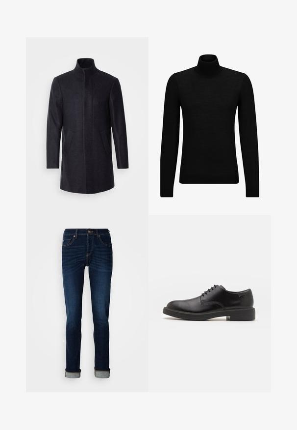 Isaac Dewhirst NEW COMFORT FUNNEL NECK COAT - Manteau court - navy; Pull à col roulé noir en matériau doux, avec des manches longues et une coupe ajustée. Finition côtelée au bas et aux poignets. Design simple.; Jean bleu foncé avec une coupe droite, zip, et ourlet retroussé. Fabriqué en denim avec un léger délavage et des détails de couture contrastants.; Chaussure noire en cuir à lacets avec un embout arrondi, texture lisse, piqures minimales et un petit talon en caoutchouc. Logo sur le talon.