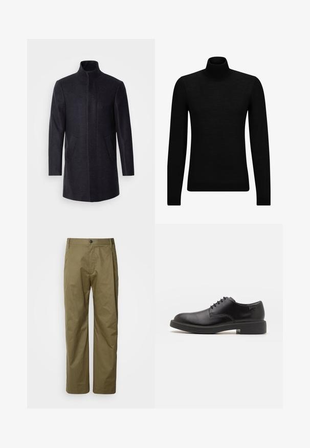 Isaac Dewhirst NEW COMFORT FUNNEL NECK COAT - Manteau court - navy; Pull à col roulé noir en matériau doux, avec des manches longues et une coupe ajustée. Finition côtelée au bas et aux poignets. Design simple.; Pantalons droit vert olive en tissu léger en mélange de coton. Dotés d'une fermeture à bouton à l'avant et de poches standard.; Chaussure noire en cuir à lacets avec un embout arrondi, texture lisse, piqures minimales et un petit talon en caoutchouc. Logo sur le talon.