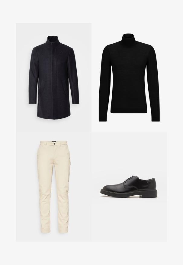 Isaac Dewhirst NEW COMFORT FUNNEL NECK COAT - Īss mētelis - navy; Melnā augstā kakla džemperis, kas izgatavots no mīksta materiāla, ar garām piedurknēm un pieguļušu piegriezumu. Ribota apdare ap apakšu un piedurknēm. Vienkāršs dizains.; Bēša kokvilnas bikses ar šauru piegriezumu, ar standarta jostasvietu, priekšējiem kabatām un pogas aizdari. Mīksta tekstūra, minimāls dizains.; Melna āda sašūta kurpe ar noapaļotu purngalu, gludu tekstūru, minimālu šuvju skaitu un zemu gumijas papēdi. Logo uz papēža.