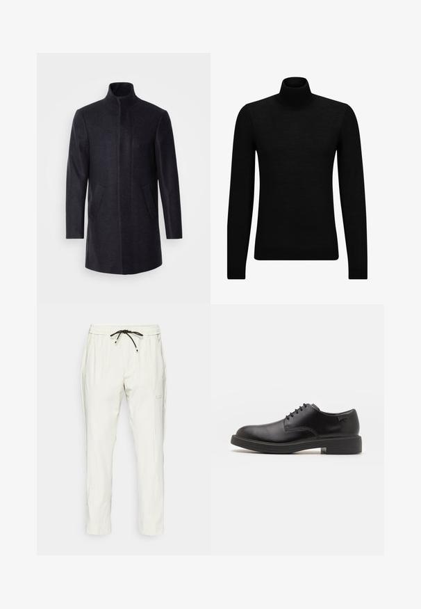 Isaac Dewhirst NEW COMFORT FUNNEL NECK COAT - Κοντό παλτό - navy; Μαύρο πουλόβερ σταυρωτό λαιμό, φτιαγμένο από μαλακό υλικό, με μακριά μανίκια και εφαρμοστή γραμμή. Ριγωτή λεπτομέρεια στο τελείωμα και στους καρπούς. Απλός σχεδιασμός.; Ανοιχτόχρωμες αθλητικές παντελόνες με ελαστική μέση και ρυθμιζόμενο κορδόνι. Περιλαμβάνουν πλαϊνές τσέπες και αντιθετικά μαύρα στοιχεία κοντά στο στρίφωμα.; Μαύρο δερμάτινο παπούτσι με κορδόνια, με στρογγυλή μύτη, λεία υφή, ελάχιστη ραφή και χαμηλή καουτσούκ σόλα. Λογότυπο στη σόλα.