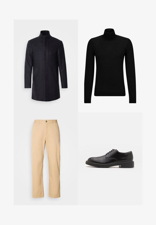 Isaac Dewhirst NEW COMFORT FUNNEL NECK COAT - Short coat - navy; Black turtleneck sweater made of soft material, featuring long sleeves and a snug fit. Ribbed trim at the hem and cuffs. Simple design.; Khaki cotton trousers with a straight-leg design, featuring a front button closure and belt loops. Smooth texture and plain surface.; Black leather lace-up shoe with a rounded toe, smooth texture, minimal stitching, and a low rubber heel. Logo on the heel.