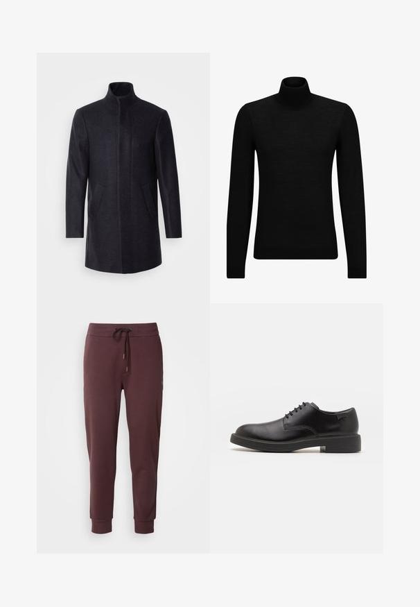 Isaac Dewhirst NEW COMFORT FUNNEL NECK COAT - Rövid kabát - navy; Fekete garbó pulóver puha anyagból, hosszú ujjakkal és szoros fazonnal. Ribbed díszítés az alján és az ujjak végén. Egyszerű dizájn.; BOSS LOCSIN - Tréningruha alsók - open red; Fekete bőrcipő, kerek orrú, sima felületű, minimális varrással és alacsony gumitalppal. Logó a sarokrészen.