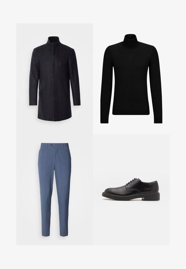 Isaac Dewhirst NEW COMFORT FUNNEL NECK COAT - Pitkä takki - navy; Mustahuivi neule, joka on valmistettu pehmeästä materiaalista, jossa on pitkät hihat ja tiukka istuvuus. Ribbaus reunassa ja hihansuissa. Yksinkertainen muotoilu.; Vaaleansiniset housut, joissa on muotoon ommeltu istuvuus. Housuissa on sileä pinta, etutaskut, napillinen sulku sekä laskos edessä.; Mustat nahkasaappaat, joissa on pyöreä kärki, sileä pinta, minimaalinen ommel ja matala kumipohja. Logo kannassa.