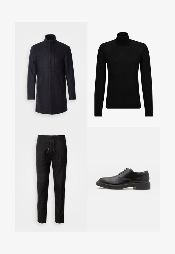 Isaac Dewhirst NEW COMFORT FUNNEL NECK COAT - Short coat - navy; Black turtleneck sweater made of soft material, featuring long sleeves and a snug fit. Ribbed trim at the hem and cuffs. Simple design.; Black trousers made of a smooth fabric, featuring a drawstring waistband and a tailored cut with subtle pleats.; Black leather lace-up shoe with a rounded toe, smooth texture, minimal stitching, and a low rubber heel. Logo on the heel.