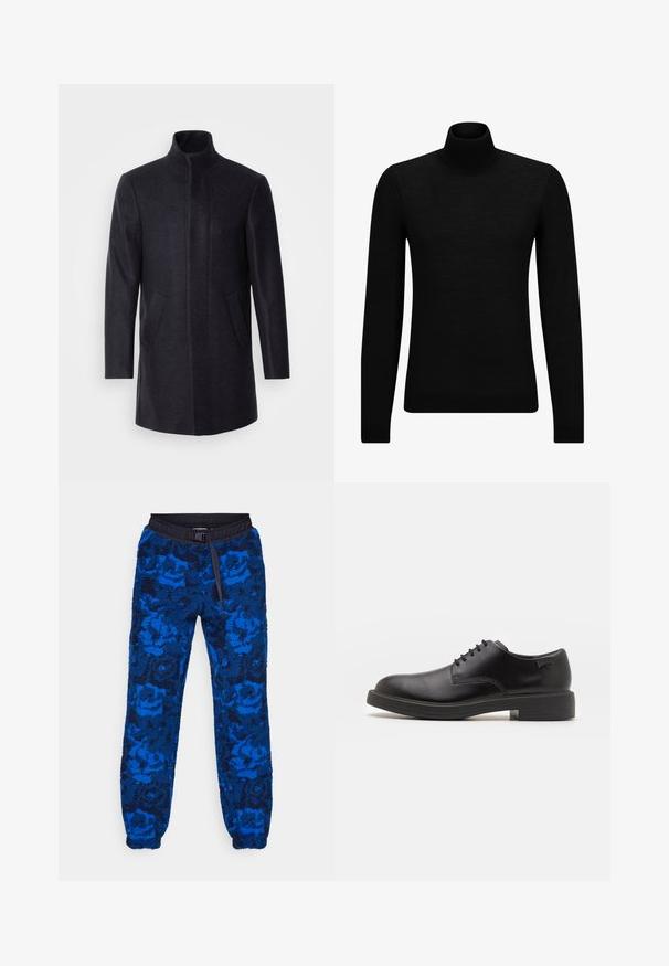 Isaac Dewhirst NEW COMFORT FUNNEL NECK COAT - Kort kåpe / frakk - navy; Svart genser med høy hals laget av mykt materiale, med lange ermer og en tettsittende passform. Ribbestrikket kant nederst og ved ermene. Enkelt design.; Blå fleece joggebukser med blomsterdesign, med svart elastisk midjebånd og snøring. Tekstilet har elastiske mansjetter ved ankler.; Svart lær snøre sko med rund tå, glatt tekstur, minimal søm, og lav gummihæl. Logo på hælen.