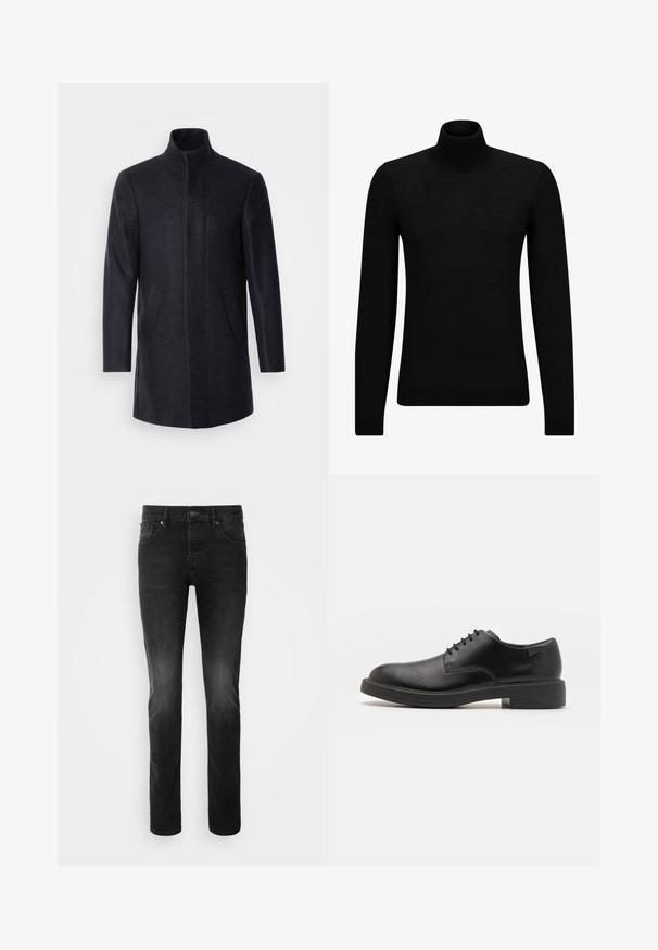 Isaac Dewhirst NEW COMFORT FUNNEL NECK COAT - Pitkä takki - navy; Mustahuivi neule, joka on valmistettu pehmeästä materiaalista, jossa on pitkät hihat ja tiukka istuvuus. Ribbaus reunassa ja hihansuissa. Yksinkertainen muotoilu.; Mustat denim-farkut suoran leikkauksen kanssa, joissa on napitus, viisi taskua ja hieman haalistunut vaikutus kankaassa.; Mustat nahkasaappaat, joissa on pyöreä kärki, sileä pinta, minimaalinen ommel ja matala kumipohja. Logo kannassa.