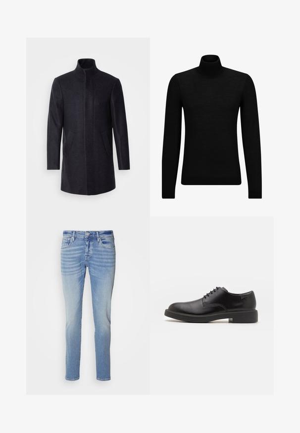 Isaac Dewhirst NEW COMFORT FUNNEL NECK COAT - Kurzmantel - navy; Schwarzer Rollkragenpullover aus weichem Material mit langen Ärmeln und enger Passform. Rippbesatz am Saum und an den Bündchen. Einfaches Design.; Scotch & Soda RALSTON - Jeans Slim Fit - freshen up dark; Schwarzer Leder-Schnürschuh mit abgerundetem Zeh, glatter Textur, minimaler Naht und niedrigem Gummiabsatz. Logo auf der Ferse.