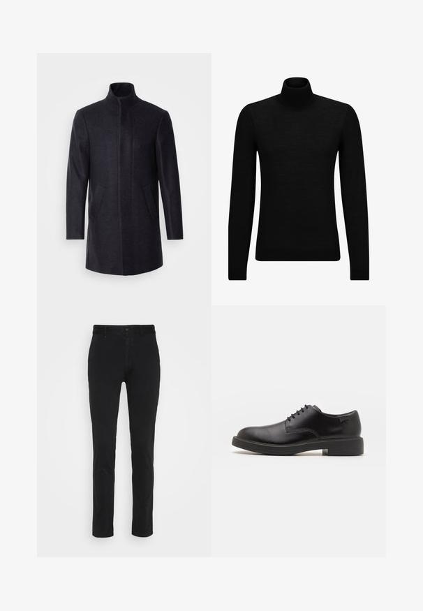 Isaac Dewhirst - Krótki płaszcz; Czarny sweter z golfem wykonany z miękkiego materiału, z długimi rękawami i dopasowanym krojem. Żebrowane wykończenie na dolnym brzegu i mankietach. Prosty design.; Czarne bawełniane chinosy o slim fit, z standardowym pasem, przednimi kieszeniami i jedną tylną kieszenią. Gładka faktura i minimalne detale.; Czarny skórzany but za kostkę z okrągłym noskiem, gładką fakturą, minimalnym przeszyciem i niskim gumowym obcasem. Logo na pięcie.