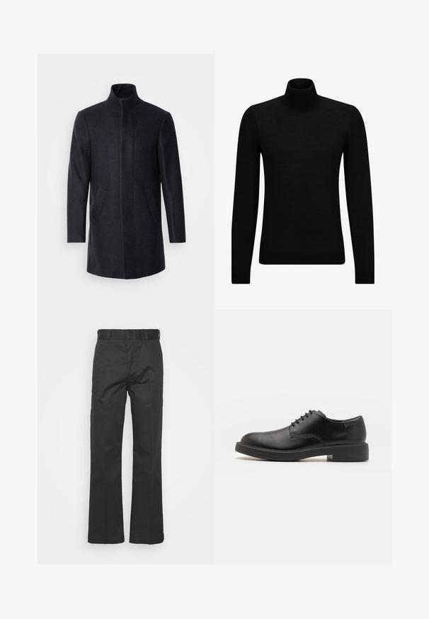 Isaac Dewhirst NEW COMFORT FUNNEL NECK COAT - Krátky kabát - navy; Čierny rolák vyrobený z jemného materiálu, s dlhými rukávmi a tesným strihom. Hranatý lem a manžety s ribbed úpravou. Jednoduchý dizajn.; Čierne nohavice z hladkej tkaniny, s rovnými nohavicami, pútkami na opasok a viditeľným stehom. Bez vreciek alebo vzorov.; Čierne kožené šnurovacie topánky s okrúhlou špičkou, hladkým povrchom, minimálnym prešívaním a nízkym gumovým podpätkom. Logo na podpätku.