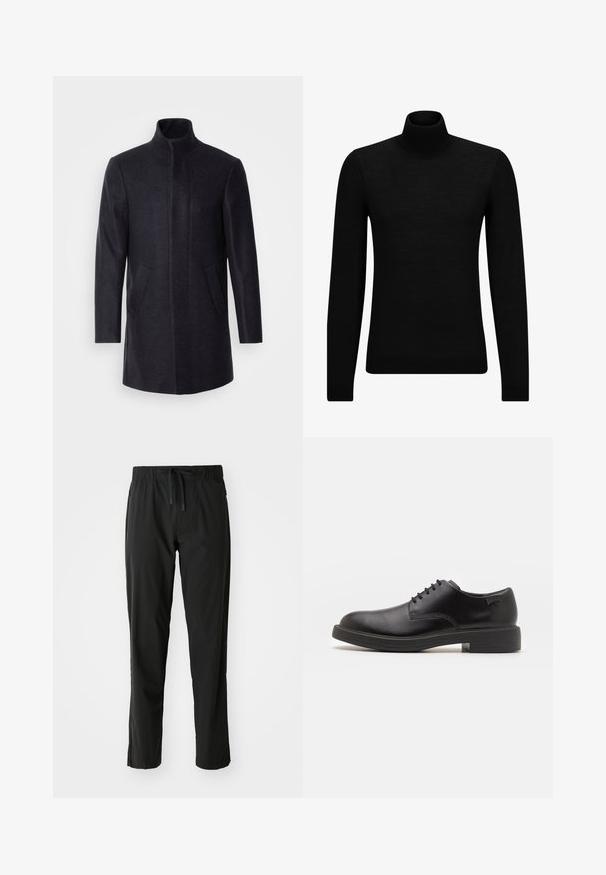 Isaac Dewhirst NEW COMFORT FUNNEL NECK COAT - Īss mētelis - navy; Melnā augstā kakla džemperis, kas izgatavots no mīksta materiāla, ar garām piedurknēm un pieguļušu piegriezumu. Ribota apdare ap apakšu un piedurknēm. Vienkāršs dizains.; BOSS ACTIVE MOVE - Treniņtērpa apakšdaļas - black; Melna āda sašūta kurpe ar noapaļotu purngalu, gludu tekstūru, minimālu šuvju skaitu un zemu gumijas papēdi. Logo uz papēža.